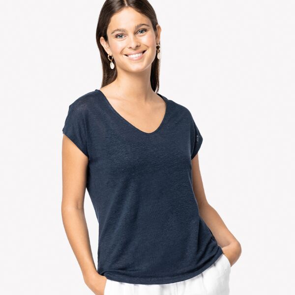 Native Spirit Ladies V Neck Linen T-Shirt Thumbnail